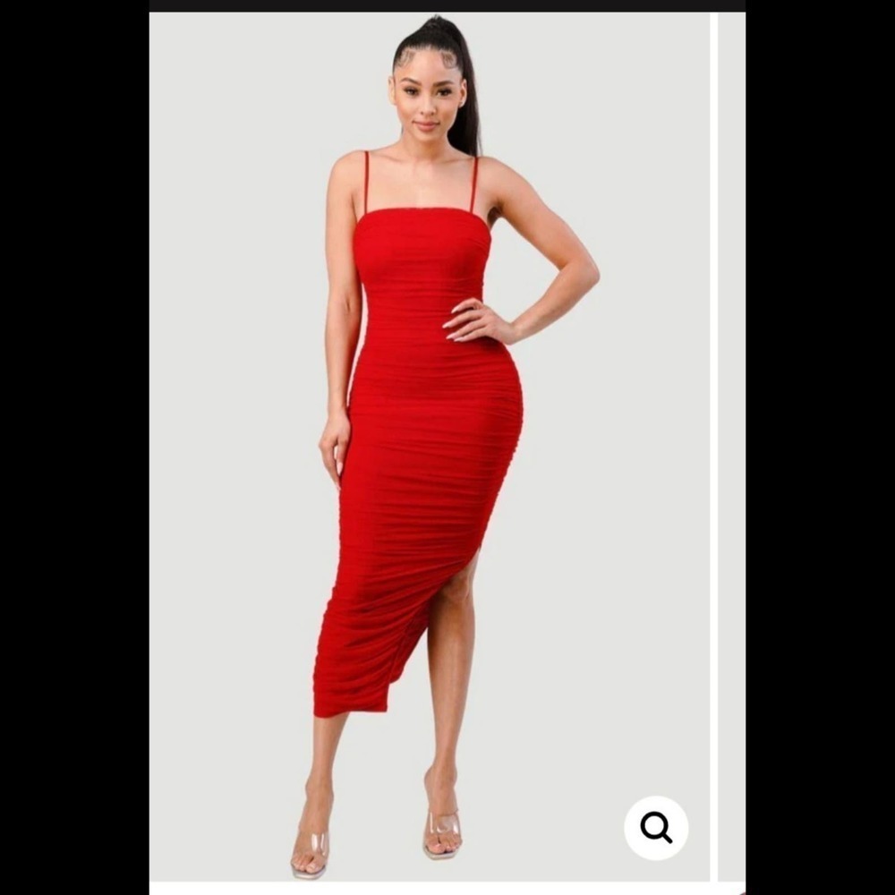 Privy Red Lux Ruched Mesh Layer‎ Side Slit Midi Dress